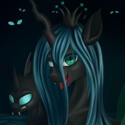 Size: 3800x3800 | Tagged: safe, artist:sanroys, queen chrysalis, changeling, changeling queen, bust, changelings in the comments, duo, fangs, female, horn, mare, open mouth