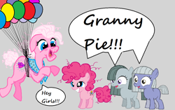 Size: 960x602 | Tagged: safe, limestone pie, marble pie, pinkie pie, earth pony, pony, balloon, filly, floating, granny pie, happy, smiling, speech bubble, younger