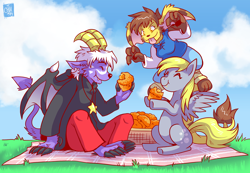 Size: 1000x691 | Tagged: safe, artist:raizy, derpy hooves, pegasus, pony, buwaro elexion, crossover, female, mare, muffin, picnic, rhea snaketail, slightly damned