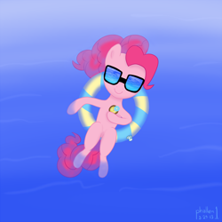 Size: 894x894 | Tagged: safe, artist:phallen1, pinkie pie, earth pony, pony, inner tube, ocean, solo, sunglasses, water