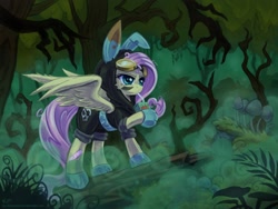 Size: 1920x1440 | Tagged: safe, artist:kp-shadowsquirrel, fluttershy, pegasus, pony, badass, badass adorable, bandaid, bunny ears, clothes, cute, dangerous mission outfit, drinking, everfree forest, eyepatch, female, flutterbadass, flutterspy, goggles, hoodie, injured, juice box, mare, shyabetes, skull, solo, unkempt mane