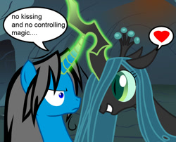 Size: 877x709 | Tagged: safe, artist:somashield, queen chrysalis, oc, oc:soma, changeling, changeling queen, pony, unicorn, digital art, female, glowing horn, horn, looking at each other, magic, male, mare, speech bubble, stallion, text