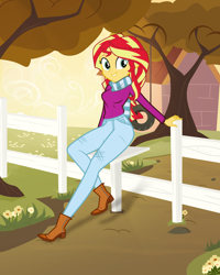 Size: 4000x5000 | Tagged: safe, artist:darthlena, sunset shimmer, equestria girls, absurd resolution, autumn, boots, clothes, cute, fence, happy, jeans, legs, pants, scarf, scenery, solo