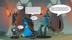 Size: 2500x1403 | Tagged: safe, artist:somashield, queen chrysalis, oc, oc:soma, changeling, changeling queen, pony, unicorn, collar, cutie mark, digital art, female, horn, male, mare, sitting, speech bubble, stallion, text, wings