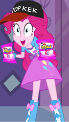 Size: 334x592 | Tagged: safe, edit, screencap, pinkie pie, equestria girls, balloon, baseball cap, boots, bracelet, clothes, door, hat, high heel boots, jewelry, meme, needs more jpeg, skirt, solo, top gun, topkek, turkish