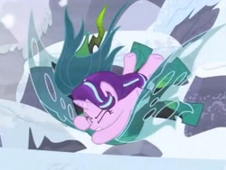 Size: 1065x799 | Tagged: safe, screencap, queen chrysalis, starlight glimmer, changeling, changeling queen, pony, unicorn, the ending of the end, cropped, female, fight, mare, snow, tackle, ultimate chrysalis