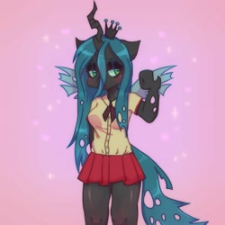 Size: 2333x2333 | Tagged: safe, artist:morbidspitt, queen chrysalis, anthro, changeling, changeling queen, arm hooves, clothes, female, high res, lidded eyes, pleated skirt, shirt, skirt, solo