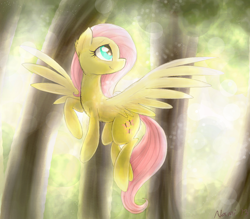 Size: 1024x899 | Tagged: safe, artist:namiwami, fluttershy, pegasus, pony, female, flying, forest, looking away, mare, solo, spread wings