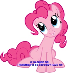 Size: 1280x1377 | Tagged: safe, pinkie pie, earth pony, pony, nostalgia critic, simple background, solo, text, white background