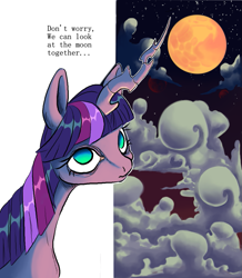 Size: 1199x1378 | Tagged: safe, artist:pantheracantus, queen chrysalis, twilight sparkle, changeling, changeling queen, cloud, colored, digital art, fusion, moon, night, stars