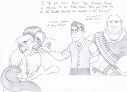 Size: 1300x942 | Tagged: safe, artist:joey darkmeat, fluttershy, pegasus, pony, allergic reaction, allergies, heavy, medic, monochrome, plot, sick, team fortress 2, traditional art