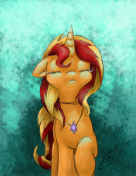 Size: 2550x3300 | Tagged: safe, artist:elisdoominika, sunset shimmer, pony, equestria girls, eyes closed, floppy ears, jewelry, necklace, raised hoof, solo