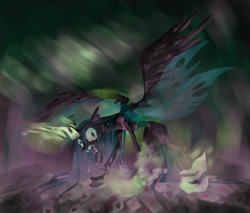 Size: 2000x1700 | Tagged: safe, artist:mysteriousshine, queen chrysalis, changeling, changeling queen, abstract background, female, glowing horn, horn, hungry, looking at you, open mouth, sharp teeth, solo, teeth, tongue out