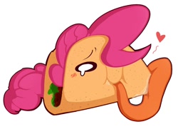 Size: 700x506 | Tagged: safe, artist:nolycs, pinkie pie, food pony, original species, :i, barely pony related, blushing, crying, drool, food, heart, imminent autocannibalism, simple background, smiling, solo, taco, tongue out, wat, white background