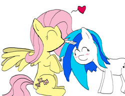 Size: 900x695 | Tagged: artist needed, source needed, safe, dj pon-3, fluttershy, vinyl scratch, pegasus, pony, unicorn, blushing, female, heart, kissing, lesbian, shipping, vinylshy