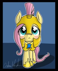 Size: 1400x1700 | Tagged: safe, artist:nerow94, fluttershy, pegasus, pony, :<, armor, blushing, cute, eye clipping through hair, hnnng, looking at you, looking up, royal guard, shyabetes, solo