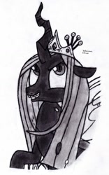 Size: 1024x1644 | Tagged: safe, artist:drchrisman, queen chrysalis, changeling, changeling queen, female, horn, solo