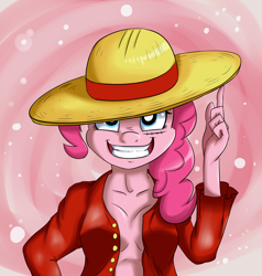 Size: 4751x5000 | Tagged: safe, artist:vicse, pinkie pie, anthro, absurd resolution, clothes, cosplay, crossover, monkey d luffy, one piece, partial nudity, pinkie d pie, scar, solo, topless