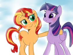 Size: 1024x768 | Tagged: safe, artist:haden-2375, sunset shimmer, twilight sparkle, twilight sparkle (alicorn), alicorn, pony, blushing, female, gradient background, hug, lesbian, shipping, side hug, signature, stretchy, sunsetsparkle