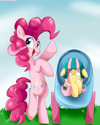 Size: 824x1024 | Tagged: safe, artist:sunomii, fluttershy, pinkie pie, earth pony, pegasus, pony, helmet, party cannon, pony cannonball