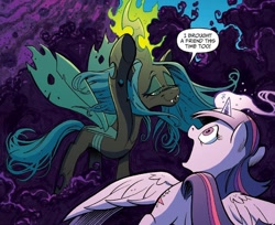 Size: 848x692 | Tagged: safe, artist:andypriceart, idw, queen chrysalis, twilight sparkle, twilight sparkle (alicorn), alicorn, changeling, changeling queen, pony, siege of the crystal empire, spoiler:comic35, comic panel, cropped, duo, female, implied king sombra, magic, magic aura, mare, official comic, raised hoof, smug, spread wings, wings