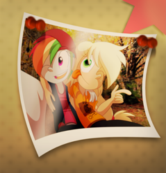 Size: 1995x2088 | Tagged: safe, artist:fj-c, derpibooru import, applejack, rainbow dash, equestria girls, hatless, missing accessory, selfie, tongue out