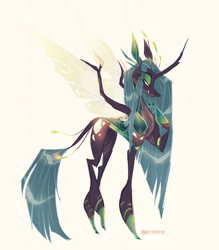 Size: 1656x1889 | Tagged: safe, artist:iheyyasyfox, queen chrysalis, changeling, changeling queen, alternate design, eye clipping through hair, insectoid, lanky, solo