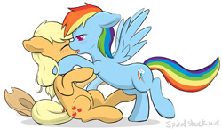 Size: 700x407 | Tagged: safe, artist:spiralshockwave, derpibooru import, applejack, rainbow dash, earth pony, pegasus, pony, appledash, female, kissing, lesbian, shipping