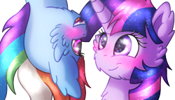 Size: 1891x1080 | Tagged: safe, artist:shad0w-galaxy, derpibooru import, rainbow dash, twilight sparkle, pegasus, pony, cheek fluff, chest fluff, ear fluff, ethereal mane, female, galaxy mane, lesbian, looking at each other, shipping, simple background, smiling, transparent background, twidash, upside down