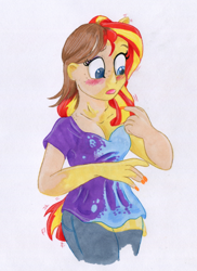 Size: 800x1100 | Tagged: safe, artist:foxxy-arts, sunset shimmer, human, equestria girls, blushing, breasts, cleavage, female, ponied up, solo, transformation