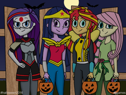 Size: 1600x1200 | Tagged: safe, artist:djgames, fluttershy, rarity, sunset shimmer, twilight sparkle, twilight sparkle (alicorn), alicorn, equestria girls, bumblebee, halloween, hand on hip, katana, nightmare night, poison ivy, pumpkin bucket, sword, weapon, wonder woman