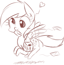 Size: 387x390 | Tagged: safe, artist:rice, derpy hooves, pegasus, pony, cute, derpabetes, female, flying, heart, letter, mailbag, mare, monochrome, mouth hold, solo, spread wings