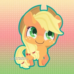 Size: 450x450 | Tagged: safe, artist:miss-glitter, applejack, earth pony, pony, abstract background, chibi, colored pupils, crossed hooves, cute, female, freckles, gradient background, mare, smiling, solo