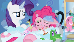 Size: 1600x900 | Tagged: safe, artist:facelessjr, derpy hooves, gummy, pinkie pie, rarity, earth pony, pegasus, pony, squid, unicorn, bath, bathroom, bathtub, bubble bath, clothes, dirty, fake screencap, female, footed sleeper, lesbian, magic, mare, messy mane, pajamas, raripie, shipping, wallpaper