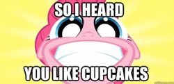 Size: 750x363 | Tagged: safe, artist:misterdavey, pinkie pie, earth pony, pony, cupcake, image macro, smile hd, solo