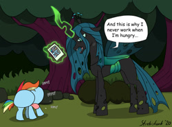 Size: 1406x1040 | Tagged: safe, artist:strebiskunk, mean rainbow dash, queen chrysalis, changeling, changeling queen, the mean 6, butt, buttface, clone, female, rainbutt dash, spell gone wrong, tongue out, what has magic done