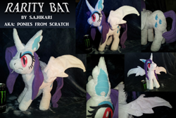 Size: 1500x1000 | Tagged: safe, artist:sahikari, rarity, alicorn, bat pony, bat pony alicorn, pony, bat ponified, female, irl, mare, photo, plushie, race swap, raribat, raricorn