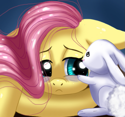 Size: 677x634 | Tagged: safe, artist:phantomfox777, angel bunny, fluttershy, pegasus, pony, female, mare, sad