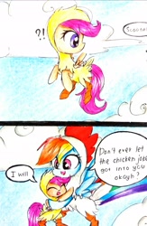 Size: 2117x3246 | Tagged: safe, artist:liaaqila, derpibooru import, rainbow dash, scootaloo, pegasus, pony, 2 panel comic, animal costume, bipedal, chick, chicken suit, clothes, cloud, comic, costume, cute, cutealoo, daaaaaaaaaaaw, dashabetes, dialogue, exclamation point, eyes closed, female, filly, flying, happy, heartwarming, henbow dash, hnnng, hug, interrobang, liaaqila is trying to murder us, looking back, mare, question mark, scootachicken, scootaloo can fly, scootalove, sky, smiling, speech bubble, spread wings, traditional art, wings