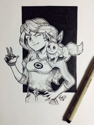 Size: 765x1024 | Tagged: safe, artist:sketch-fox, sunset shimmer, equestria girls, crossover, eevee, grayscale, hand on hip, inktober, monochrome, one eye closed, peace sign, pokéball, pokémon, traditional art, wink