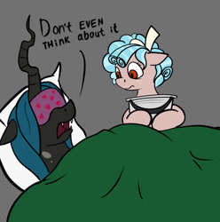 Size: 516x520 | Tagged: safe, artist:jellymaggot, cozy glow, queen chrysalis, changeling, changeling queen, pegasus, pony, /mlp/, 4chan, bait and switch, blanket, bucket, description is relevant, dialogue, drawthread, female, filly, implied bedwetting, not a bedwetting meme, open mouth, pillow, pure concentrated unfiltered evil of the utmost potency, pure unfiltered evil, sleep mask