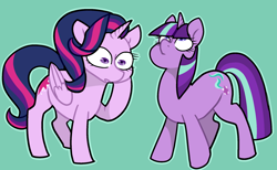 Size: 2241x1384 | Tagged: safe, artist:/d/non, starlight glimmer, twilight sparkle, twilight sparkle (alicorn), alicorn, pony, unicorn, duo, female, green background, mane swap, simple background