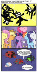 Size: 632x1200 | Tagged: safe, artist:redahfuhrerking, applejack, cozy glow, fluttershy, king sombra, lord tirek, pinkie pie, queen chrysalis, rainbow dash, rarity, twilight sparkle, changeling, changeling queen, insect, ladybug, pony, animated, backfire, comic, gif, imminent stomping, mane six, species swap, transformation, wat