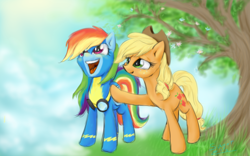 Size: 1920x1200 | Tagged: safe, artist:elisdoominika, derpibooru import, applejack, rainbow dash, earth pony, pegasus, pony, appledash, clothes, cute, dashabetes, female, goggles, happy, jackabetes, lesbian, mare, shipping, tree, uniform, wonderbolts, wonderbolts uniform