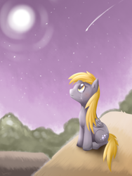 Size: 768x1024 | Tagged: safe, artist:vavacung, derpy hooves, pegasus, pony, crying, female, mare, moon, night, shooting star, solo, stars