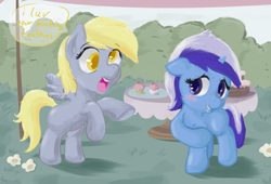 Size: 2500x1700 | Tagged: safe, artist:osakaoji, derpy hooves, minuette, pegasus, pony, unicorn, blank flank, blushing, braces, bush, cake, colored pupils, cupcake, dialogue, duo, duo female, ear fluff, female, filly, floppy ears, flower, food, grass, open mouth, rearing, smiling, speech bubble, spread wings, table, underhoof, wings