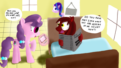 Size: 1220x686 | Tagged: safe, artist:arterialblack716, starlight glimmer, sugar belle, oc, oc:justice armor, pegasus, pony, unicorn, atg 2016, bloodshot eyes, booth, clipboard, dialogue, door, female, funny, humor, magic, male, mare, menu, newbie artist training grounds, raised hoof, restaurant, sitting, smiling, stallion, standing, surprised