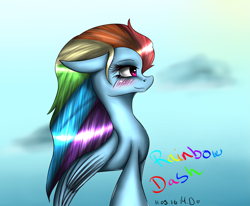 Size: 1897x1566 | Tagged: safe, artist:harmony134, derpibooru import, rainbow dash, pegasus, pony, blushing, cloud, sky, smiling, solo