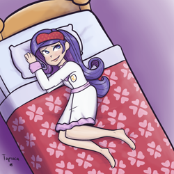 Size: 1500x1500 | Tagged: safe, artist:king-kakapo, artist:php52, rarity, human, barefoot, bathrobe, bed, blushing, clothes, colored, feet, high angle, humanized, light skin, lying, lying down, pillow, robe, sleep mask, smiling, solo