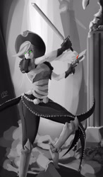 Size: 1851x3159 | Tagged: safe, artist:polyle, applejack, human, grayscale, gun, humanized, monochrome, neo noir, partial color, sword, weapon